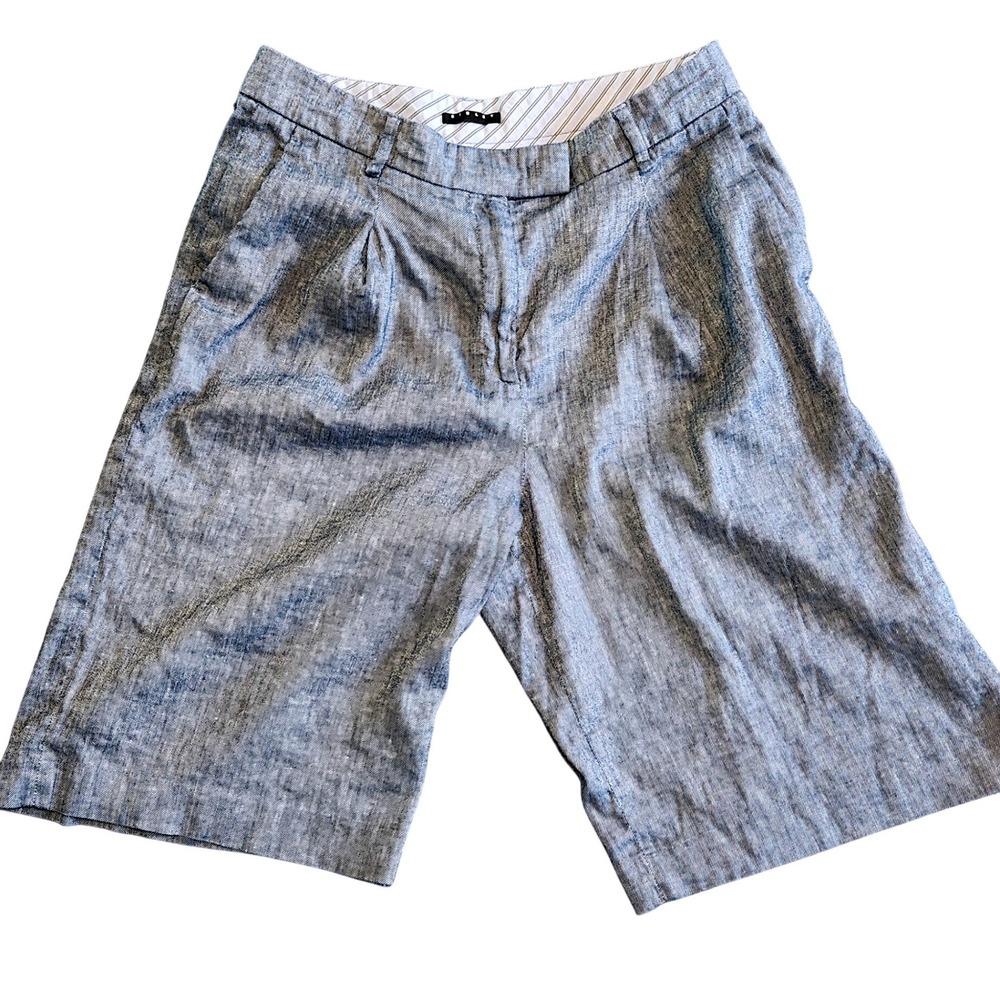 Sisley Bermuda Shorts Womens 10 Blue Linen Blend Pleated High Rise Trouser Italy